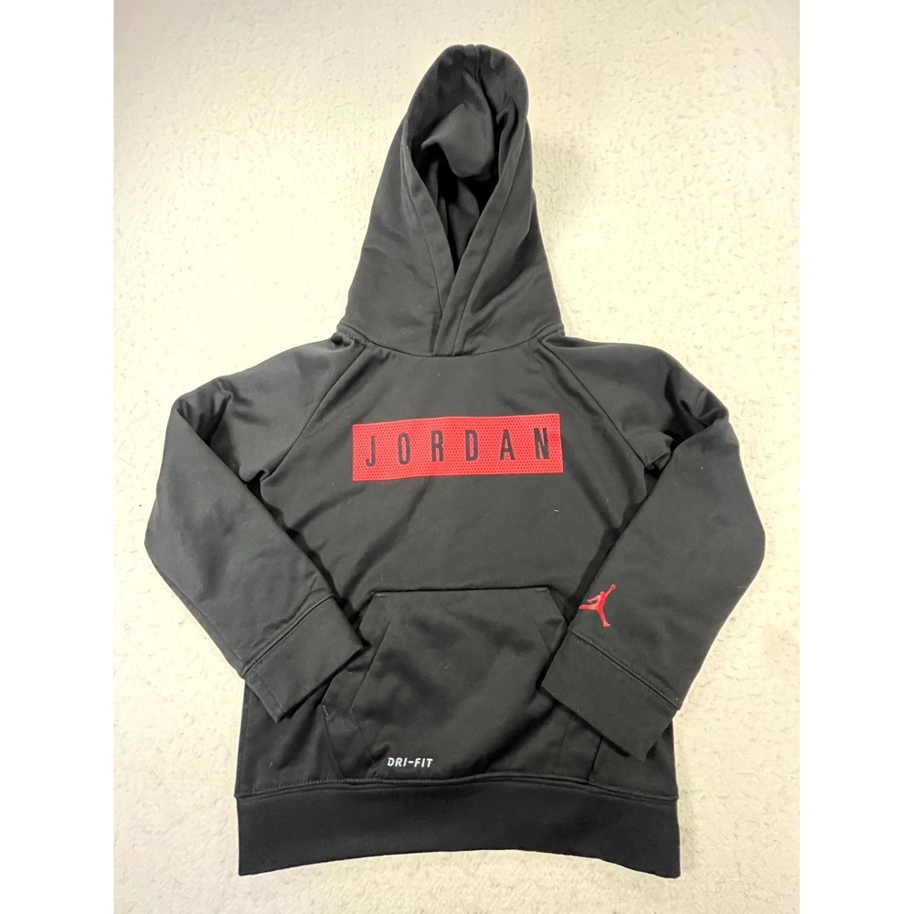 Jordan Dri Fit Sweatshirt Youth Medium Black Red Jumpman Fleece Pullover Hoodie